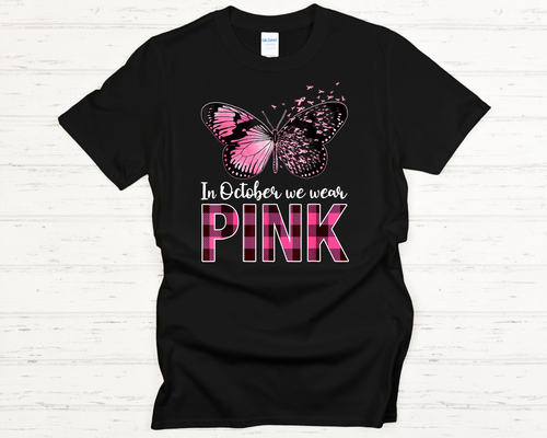 Breast Cancer Awareness  T-shirt Butter flies and plaid